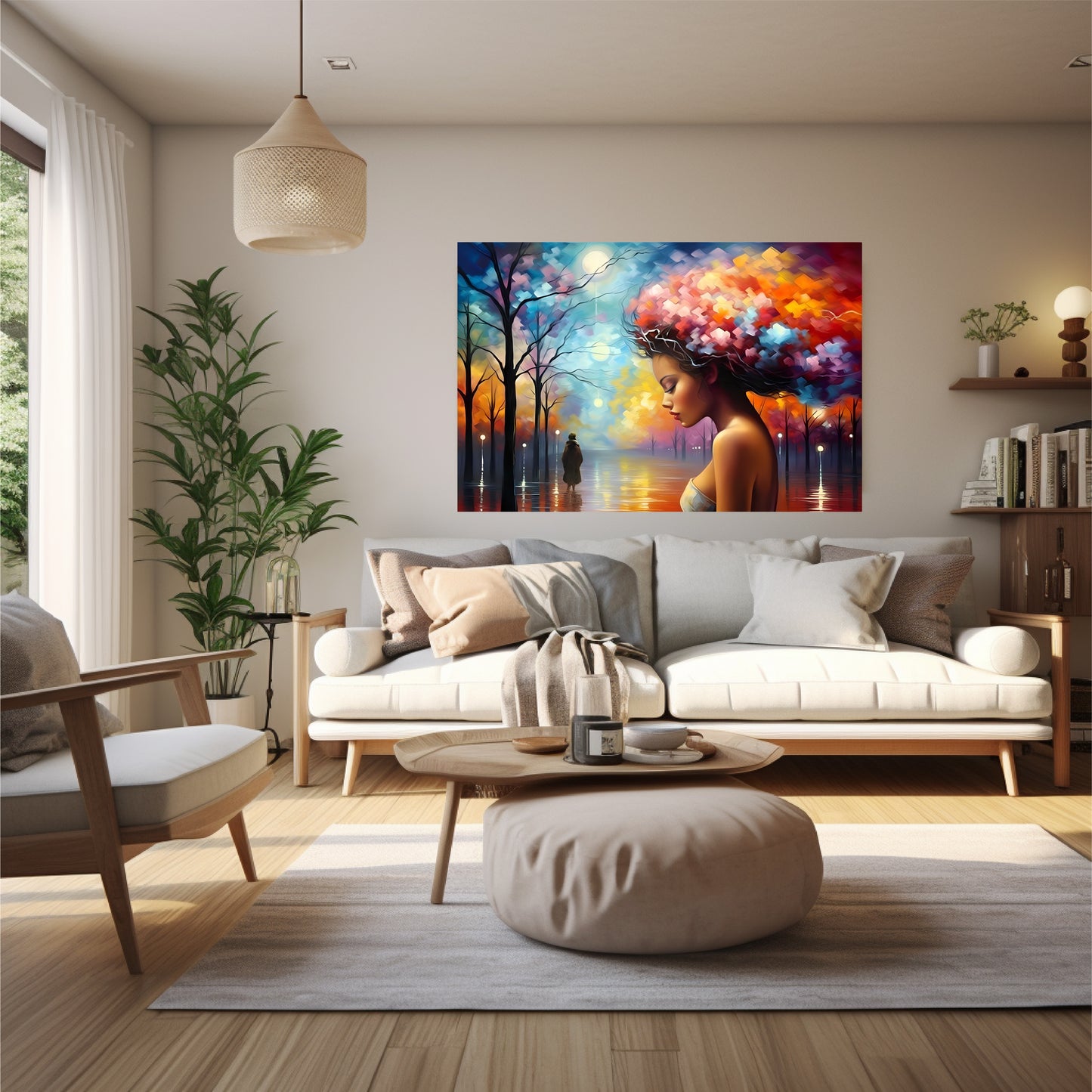 Living room with modern design with a big wall art with autumn design. Colorful poster on the wall.