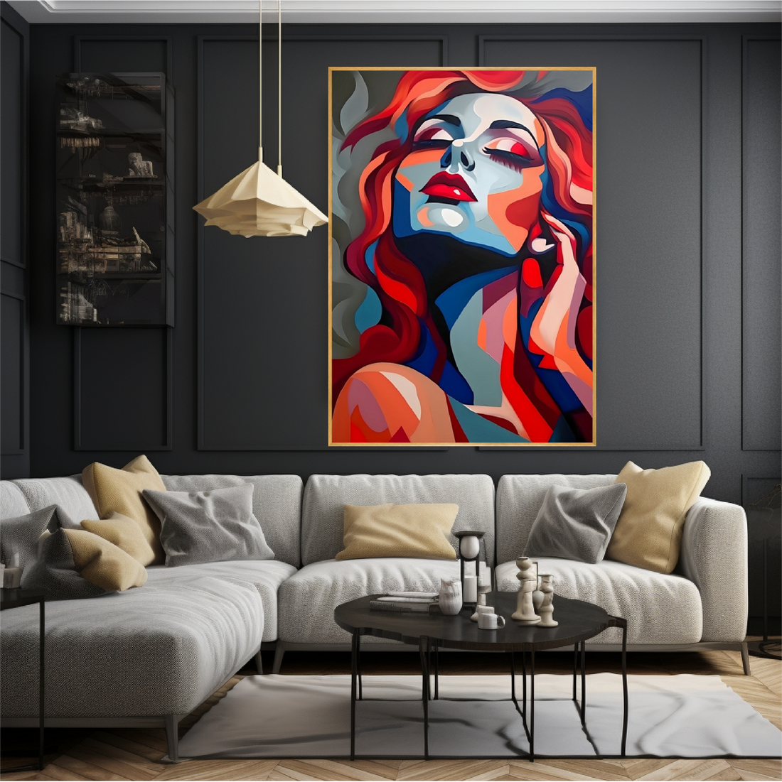 A wall art hang on the wall in living room with cream sofa, the poster shows a portrait girl with red effect.