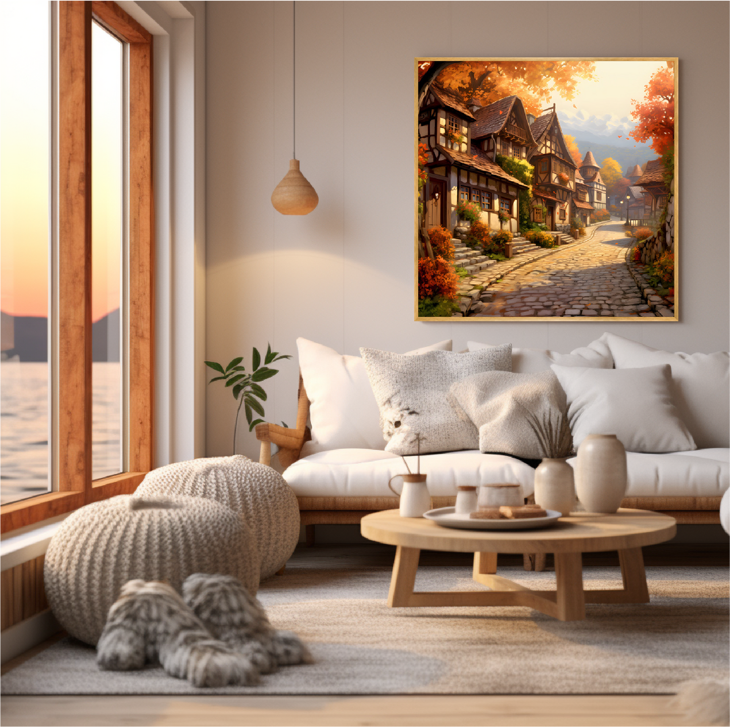 Living room with sea view window with wall art