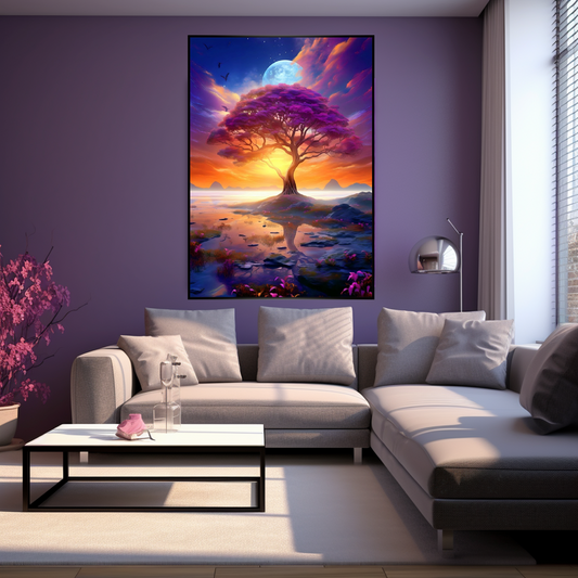 LOVELY SPRING artwork with black frame on the wall in living room with purple theme.