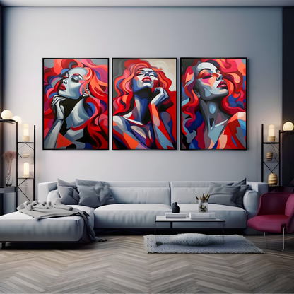 Three red magic collection posters on the wall, the poster shows a portrait girl with red effect.