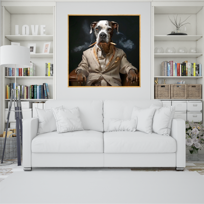 A room with white theme. A poster of dog smoking 