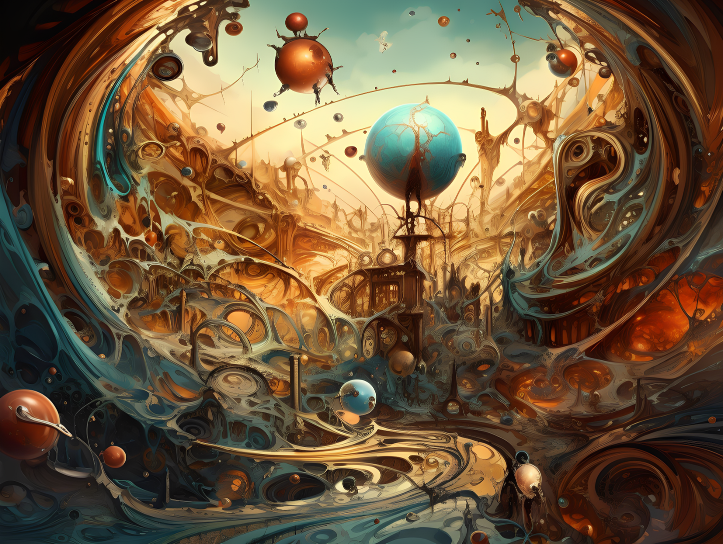 A poster of waves color and some sphere. Colors waves covered city like flood.