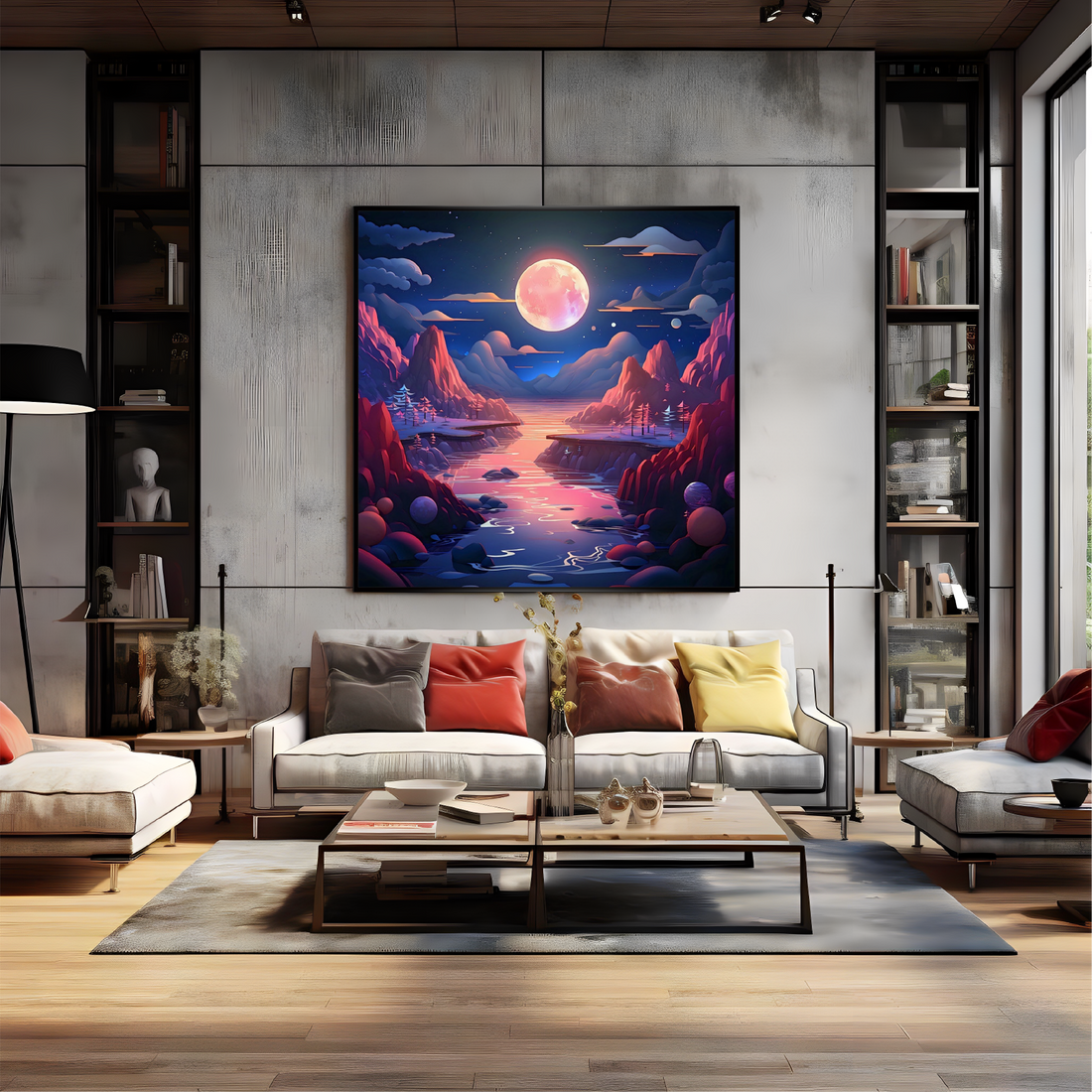 A wall art of nature with black frame hang on the cement wall in living room.