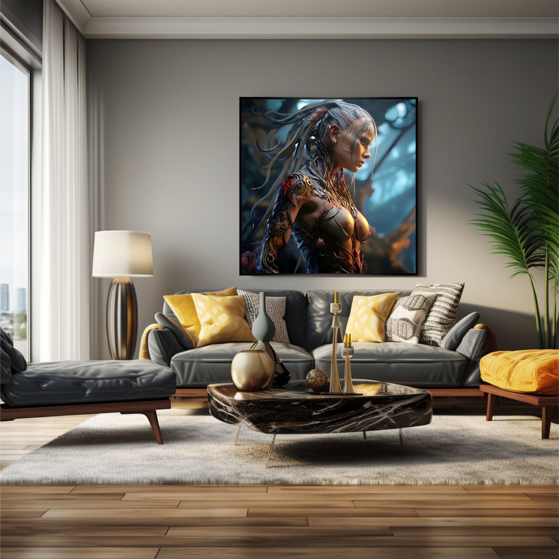 Living room with modern design by sofa and carpet with tea table and big wall art with girl warrior poster.