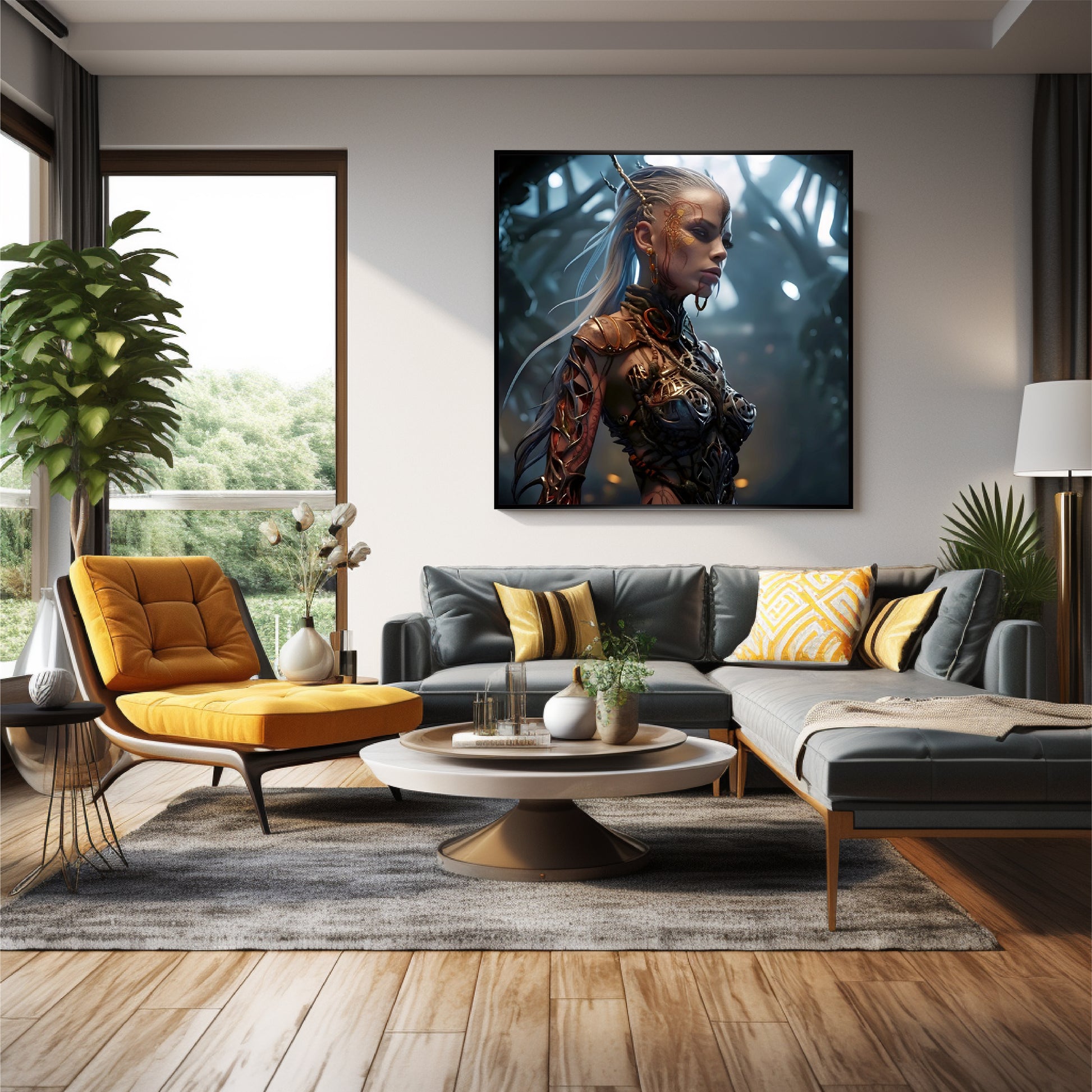 Yellow chair modern sofa with grey sofa in modern living room design with a big wall art of warrior girl.