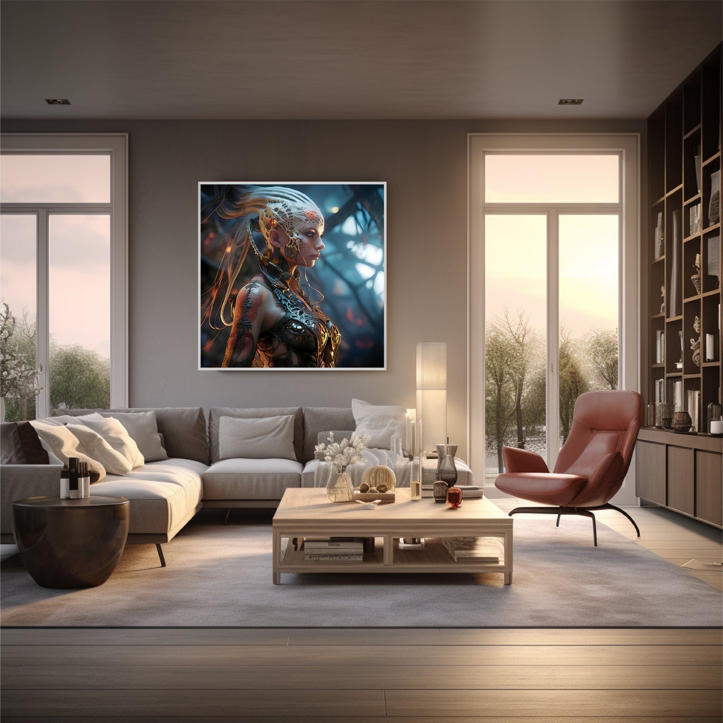 Silver frame of artwork of warrior girl in living room with silver theme and red sofa.