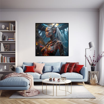 A big living room with red cushions and light blue sofa. Big art wall of warrior girl with black frame.