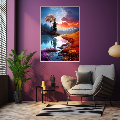 LOVELY SPRING, Reflection artwork with nature theme on purple wall.