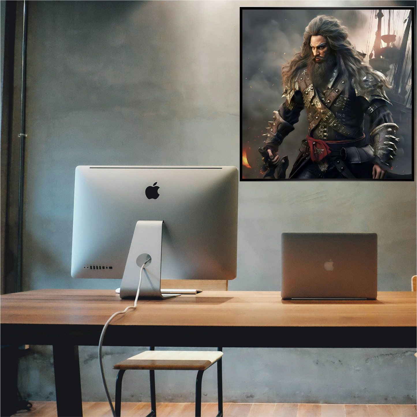 office PC laptop on table wall art warrior man wall art on the wall