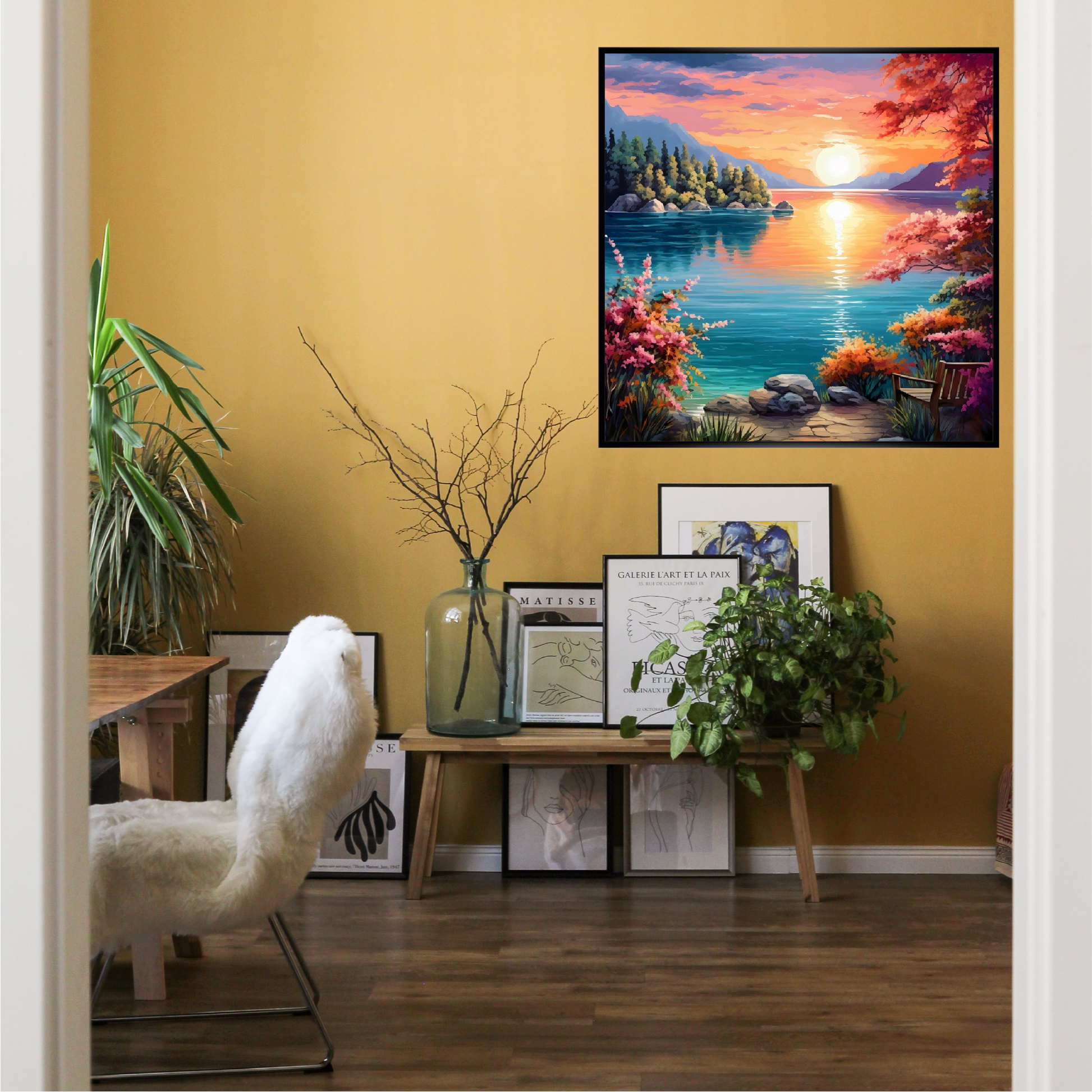 Office with light brown wall color and wall art