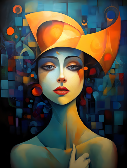 A girl poster with yellow hat with serious eyes looking, without wearing clothes.