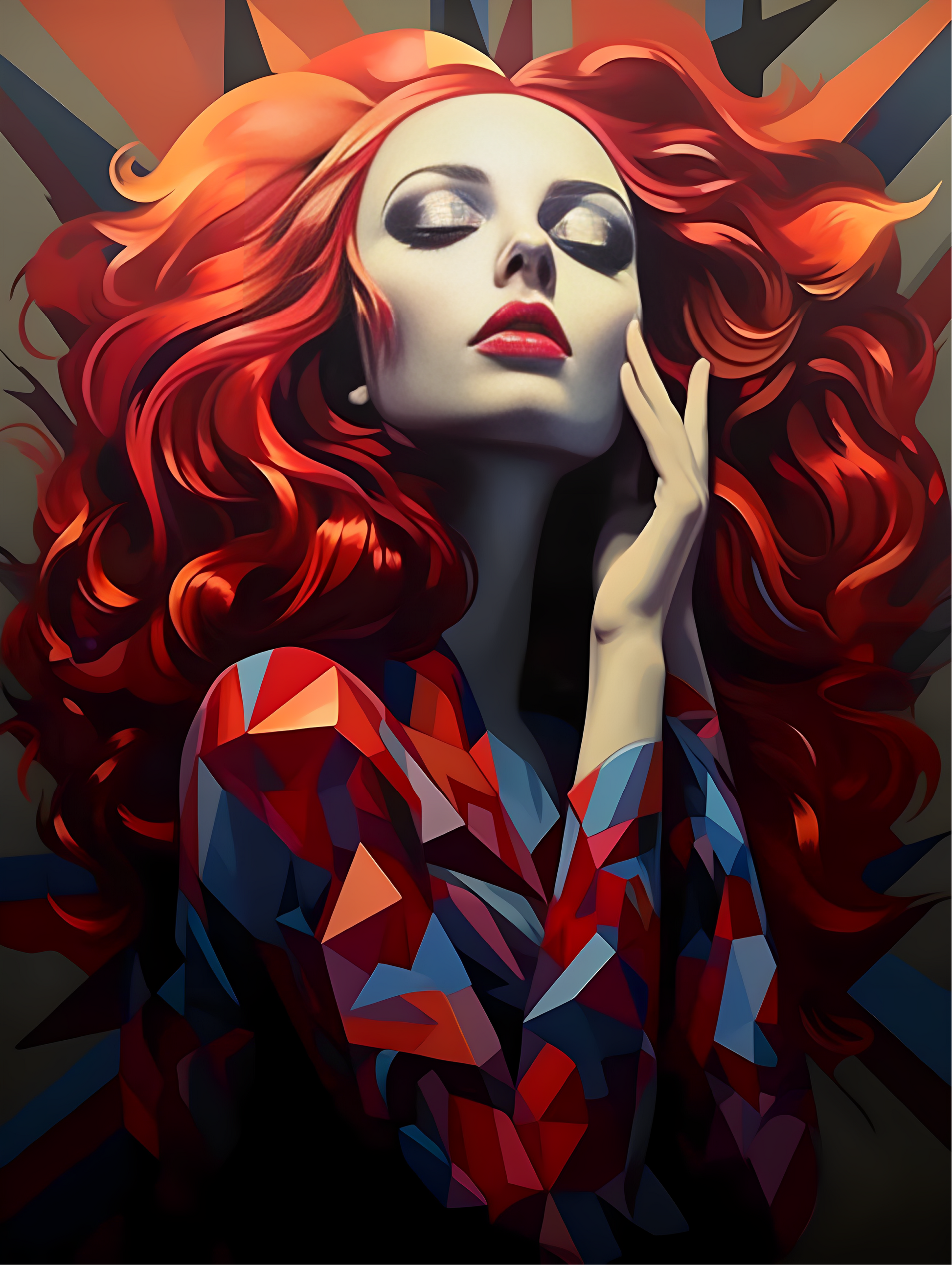 A poster of red hair girl and wearing geometric shirt.