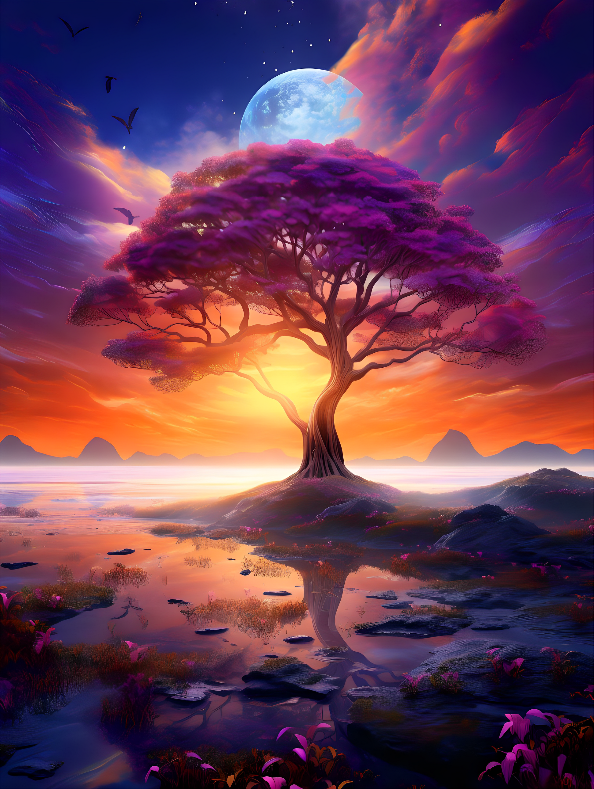 LOVELY SPRING poster with purple tree middle of lake.