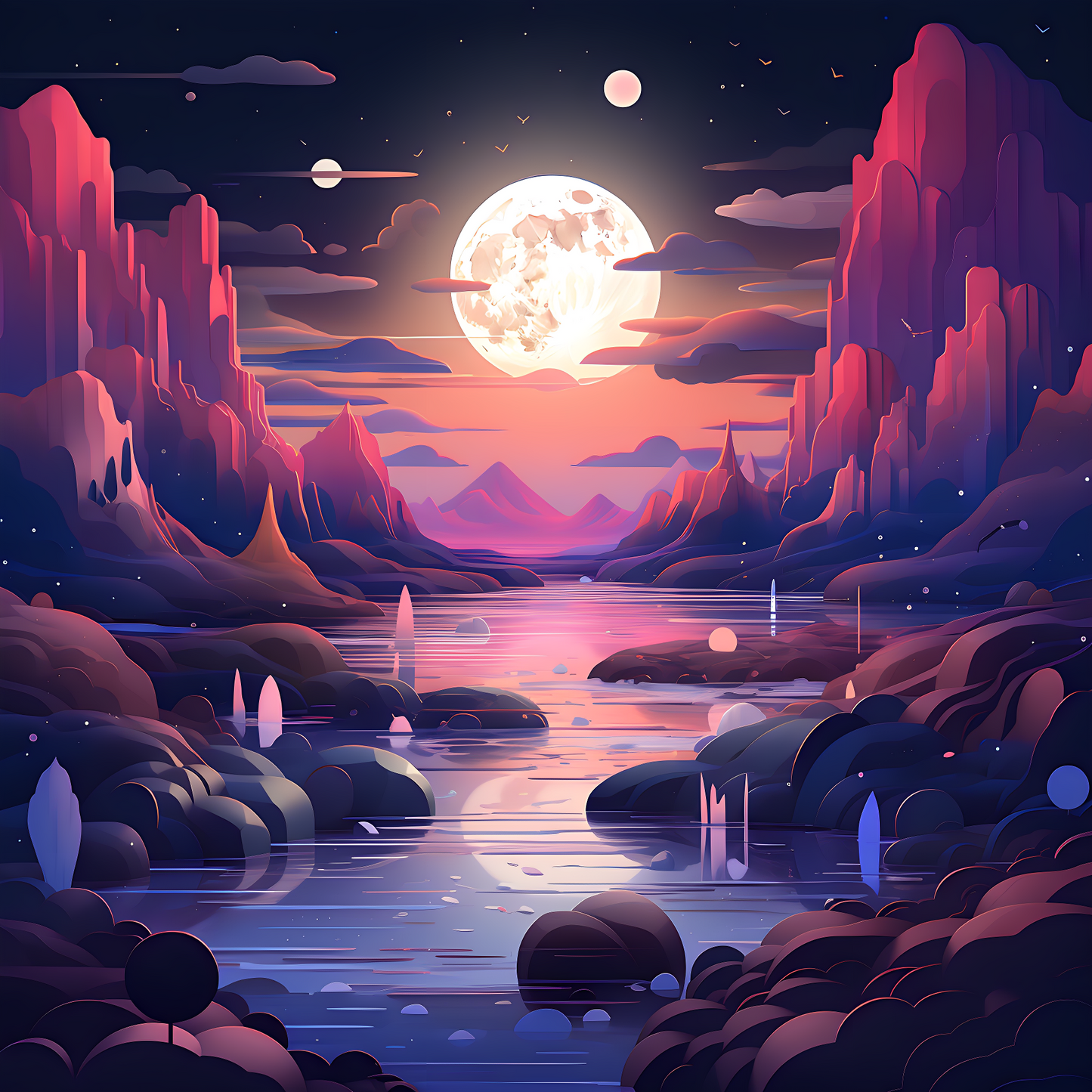 A poster of nature with river and shine moon and mountain with square size. 