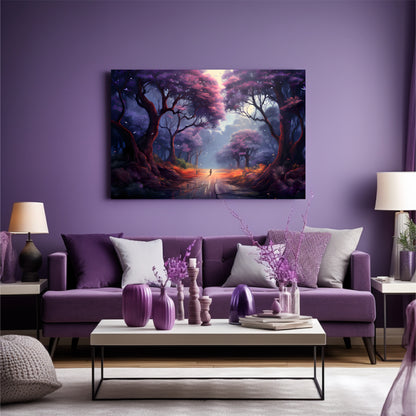 LOVELY SPRING wall art in purple living room with purple sofa and canvas frame.