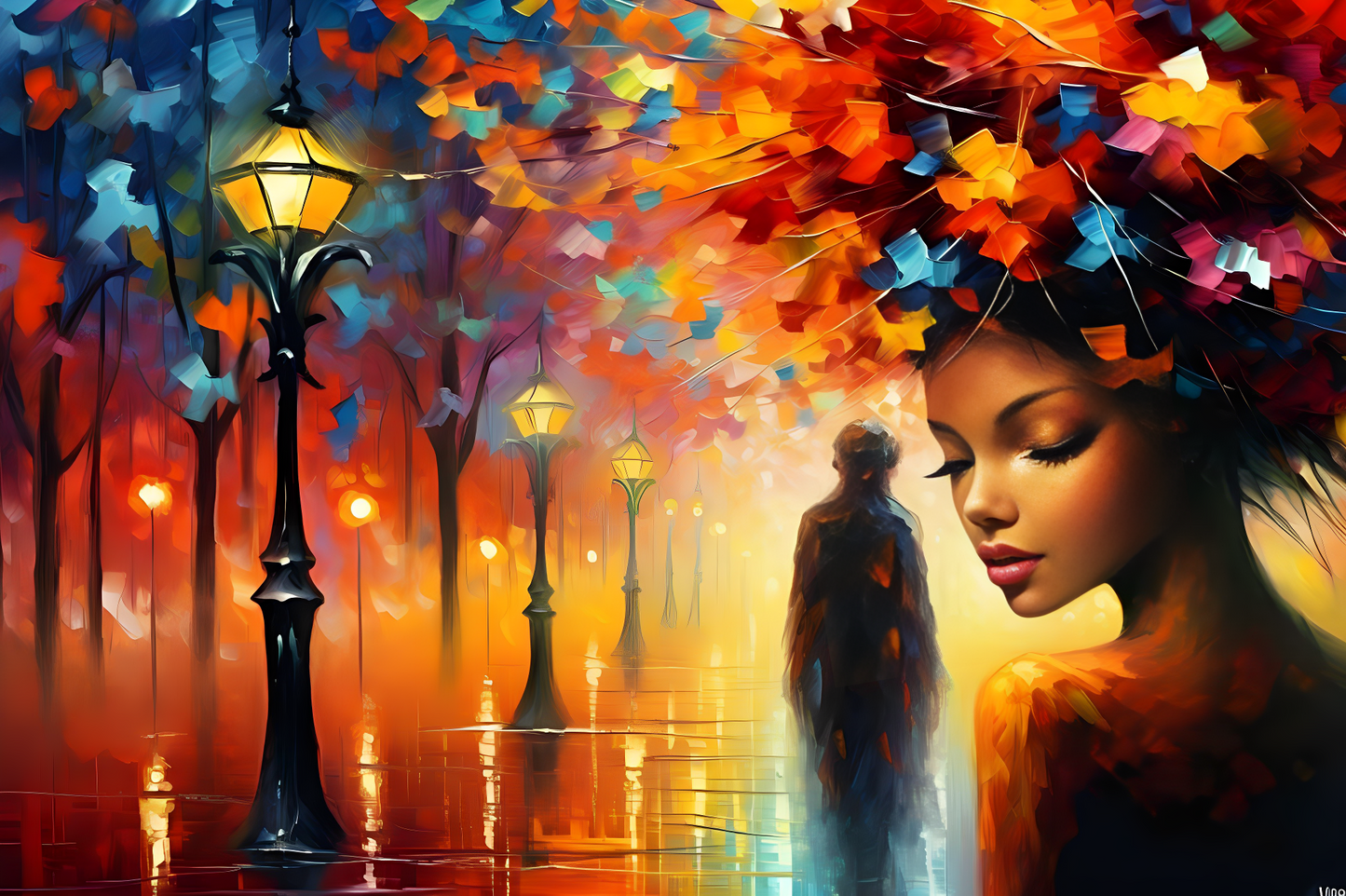 A poster of autumn with some street lights and a girl from side view at night.