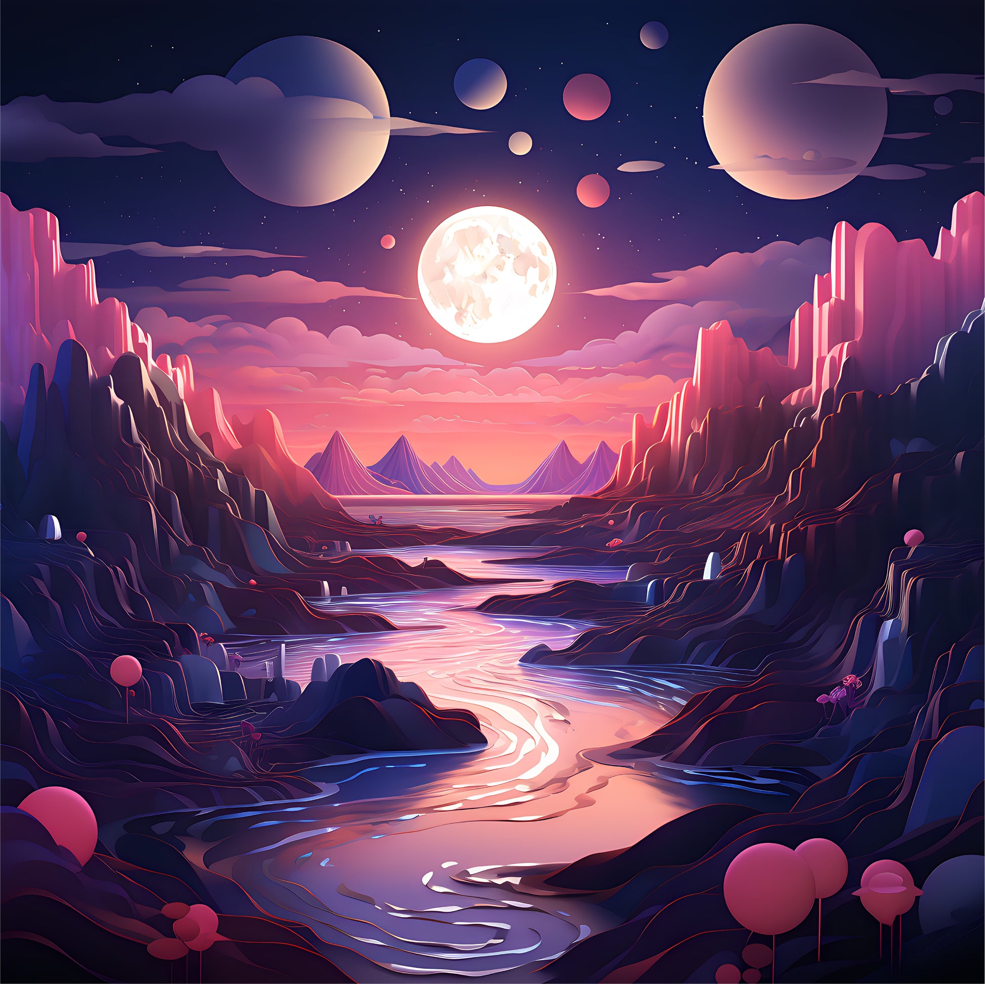 A poster of nature with shine moon on the sky with river at night.