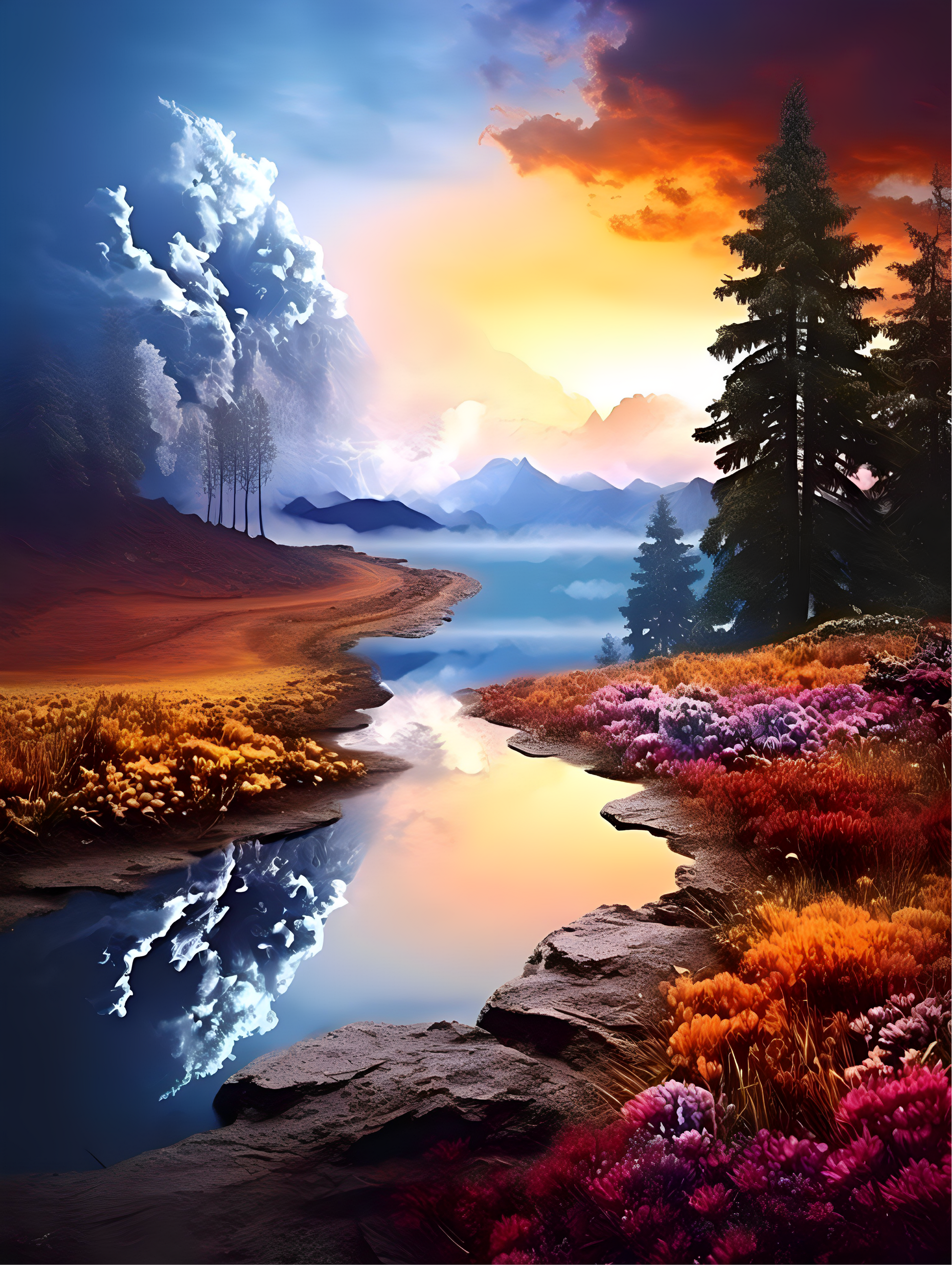 A poster of nature, LOVELY SPRING, river, trees and flowers.