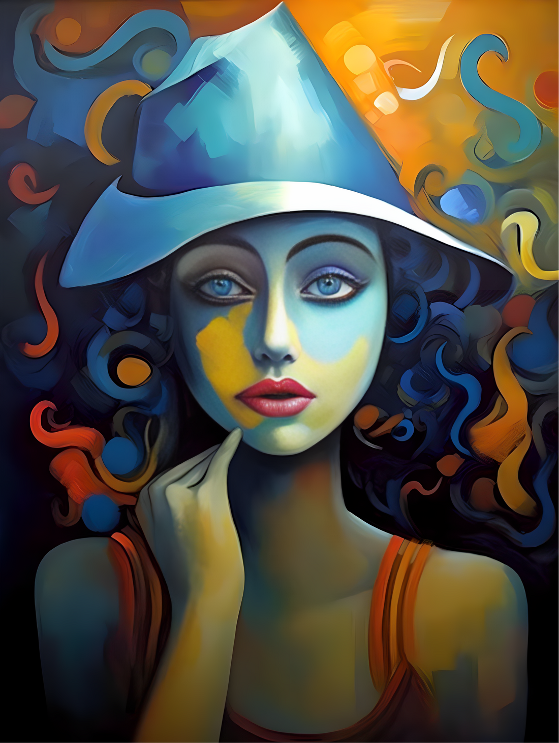 A poster of girl looking and thinking, a portrait of girl with blue hat. 