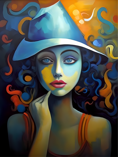 A poster of girl with blue hat and blue eyes.