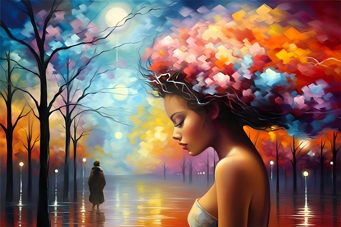 Poster of autumn with a girl from side view.