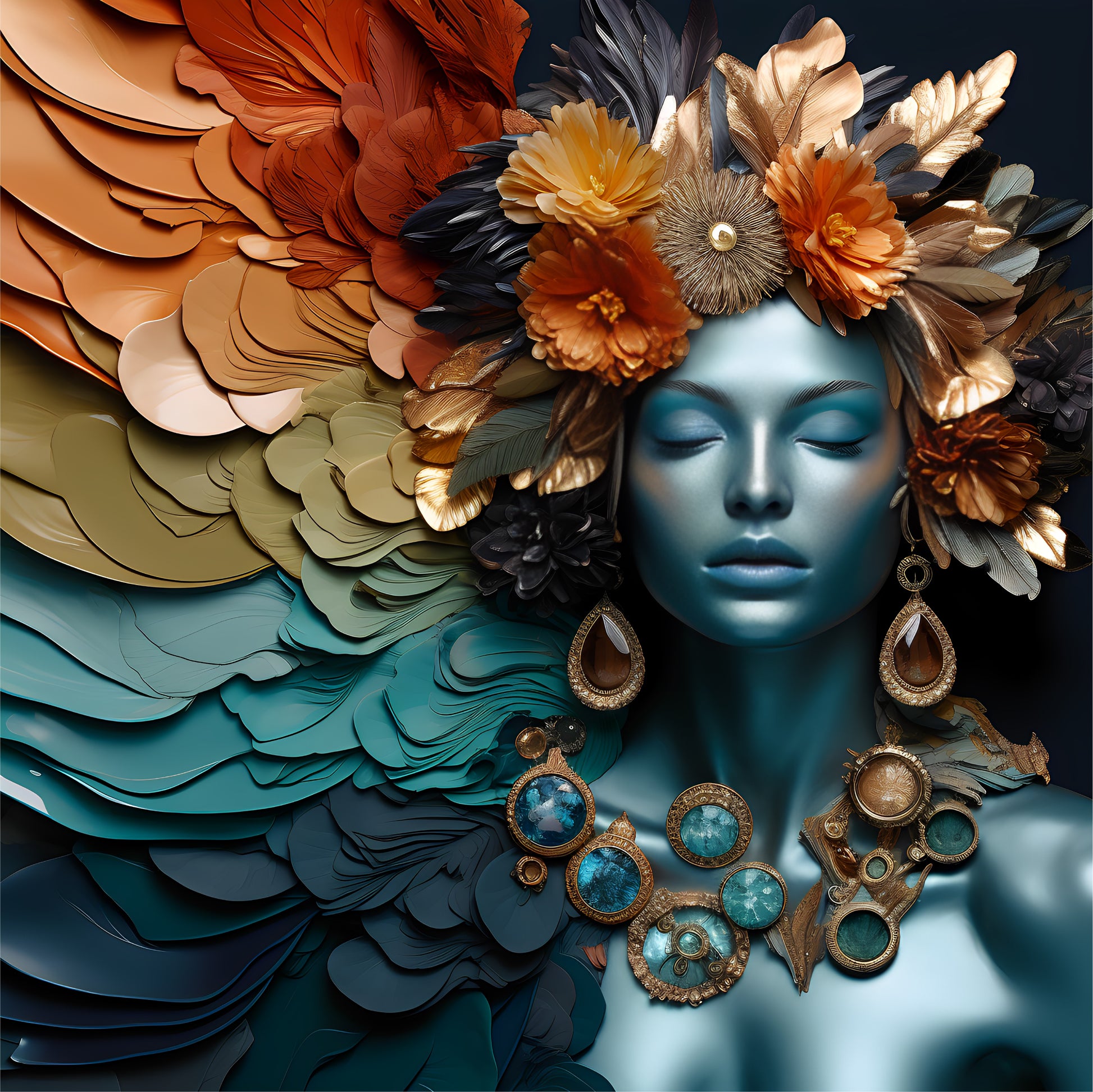 Poster of a girl with blue skin and some flowers in her hair. Color palette next to her. she has big earrings.