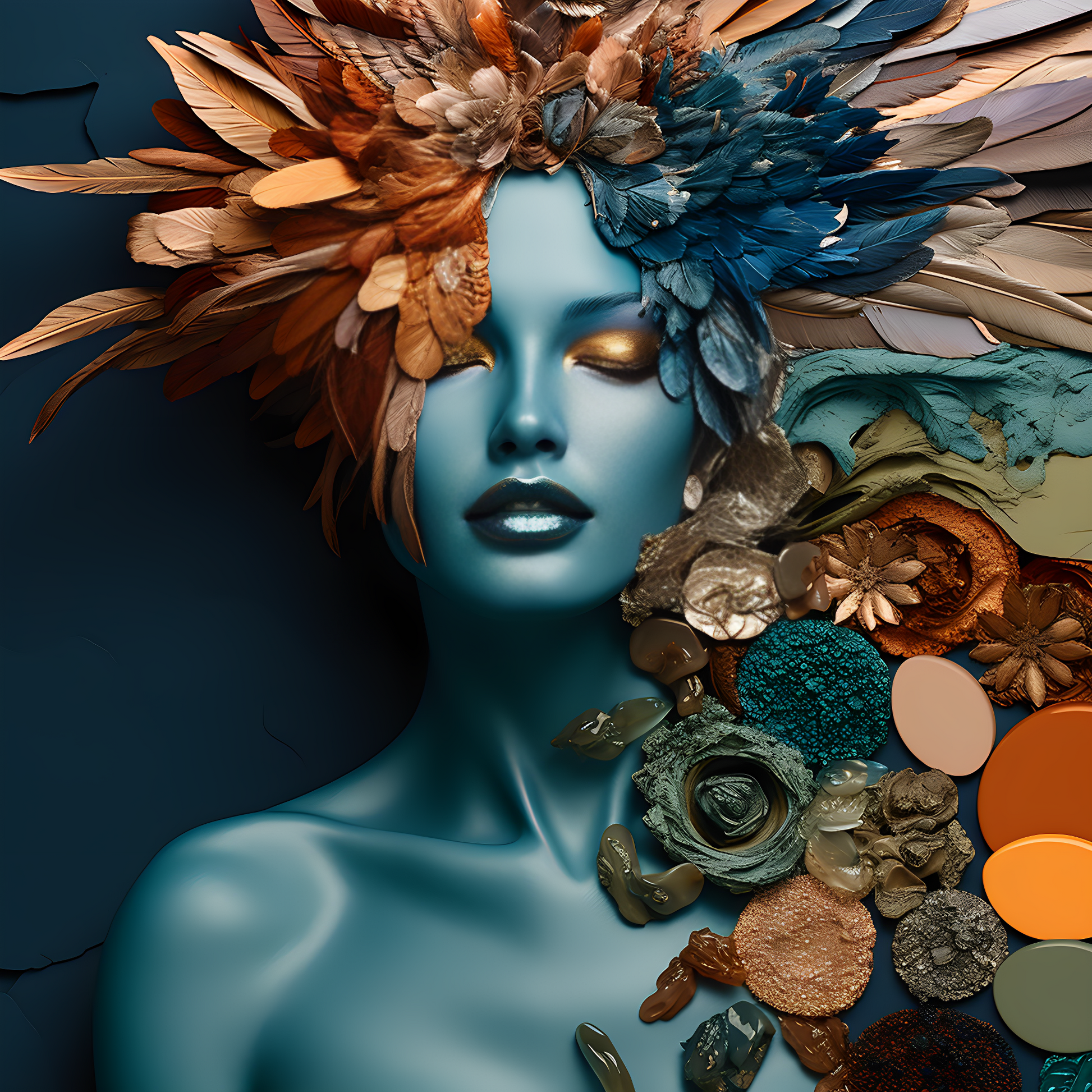 Poster of a girl with blue skin and some flowers in her hair. Color palette next to her. A girl close eyes.