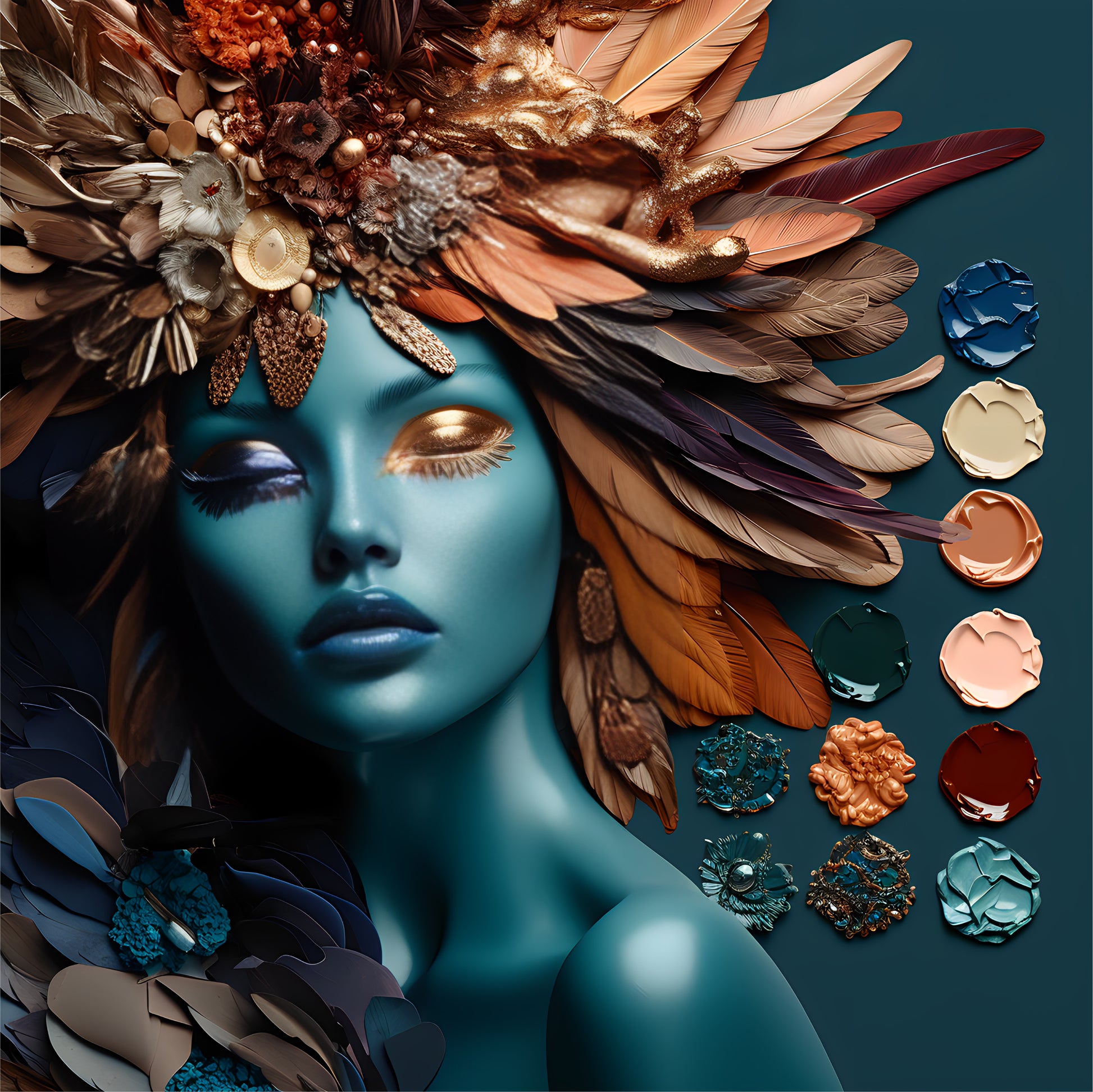 Poster of a girl with blue skin and some flowers in her hair. Color palette next to her. 