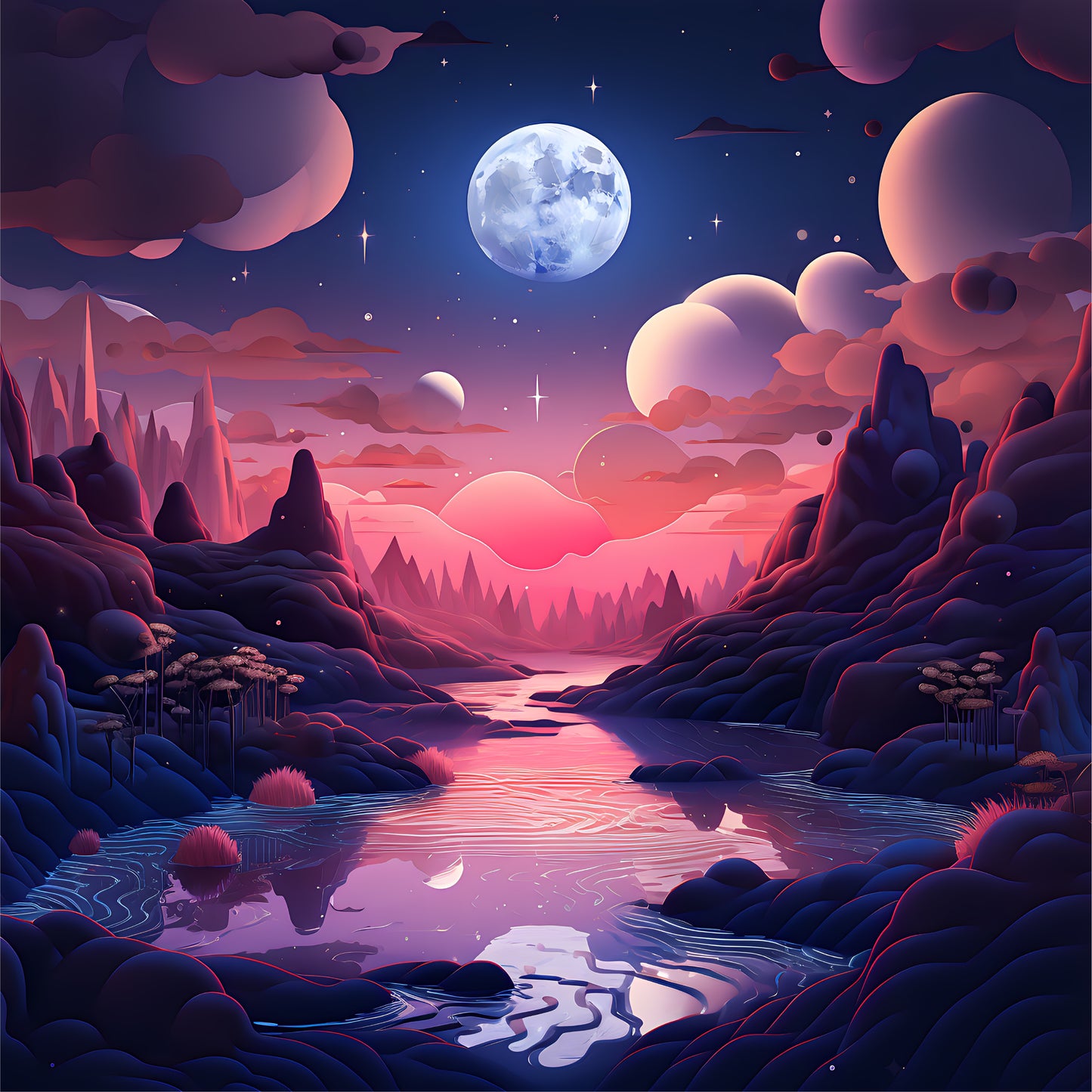 A poster of nature with moon on the sky and river at night.