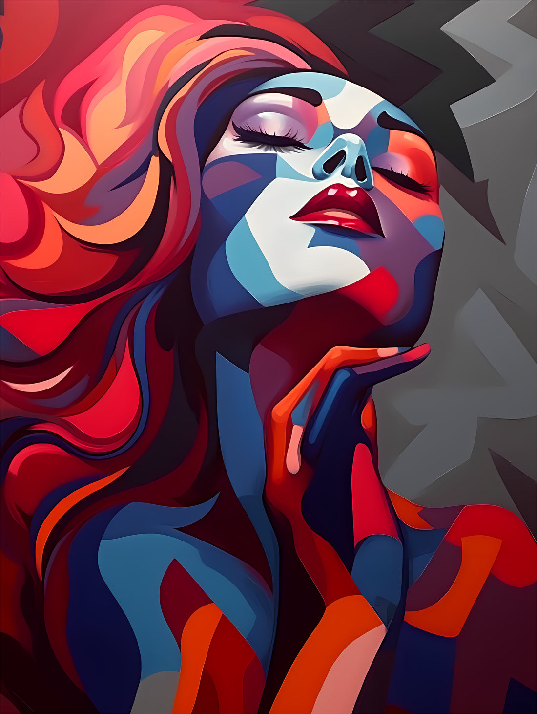 A poster of a girl looking up with grey and red colors.