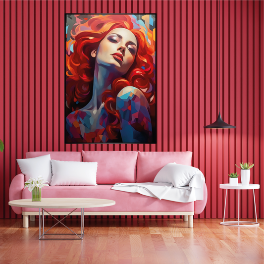 A wall art hang on on the wall with black frame in pink theme living room.