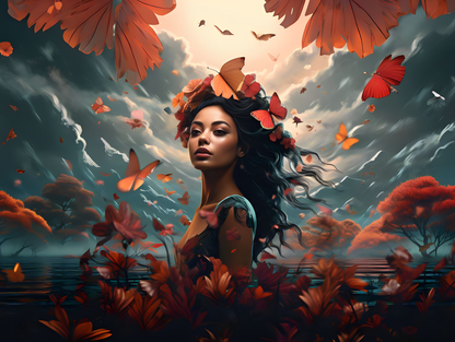 A poster of girl stand in front of lake and raining. Colors of trees are red and orange. 