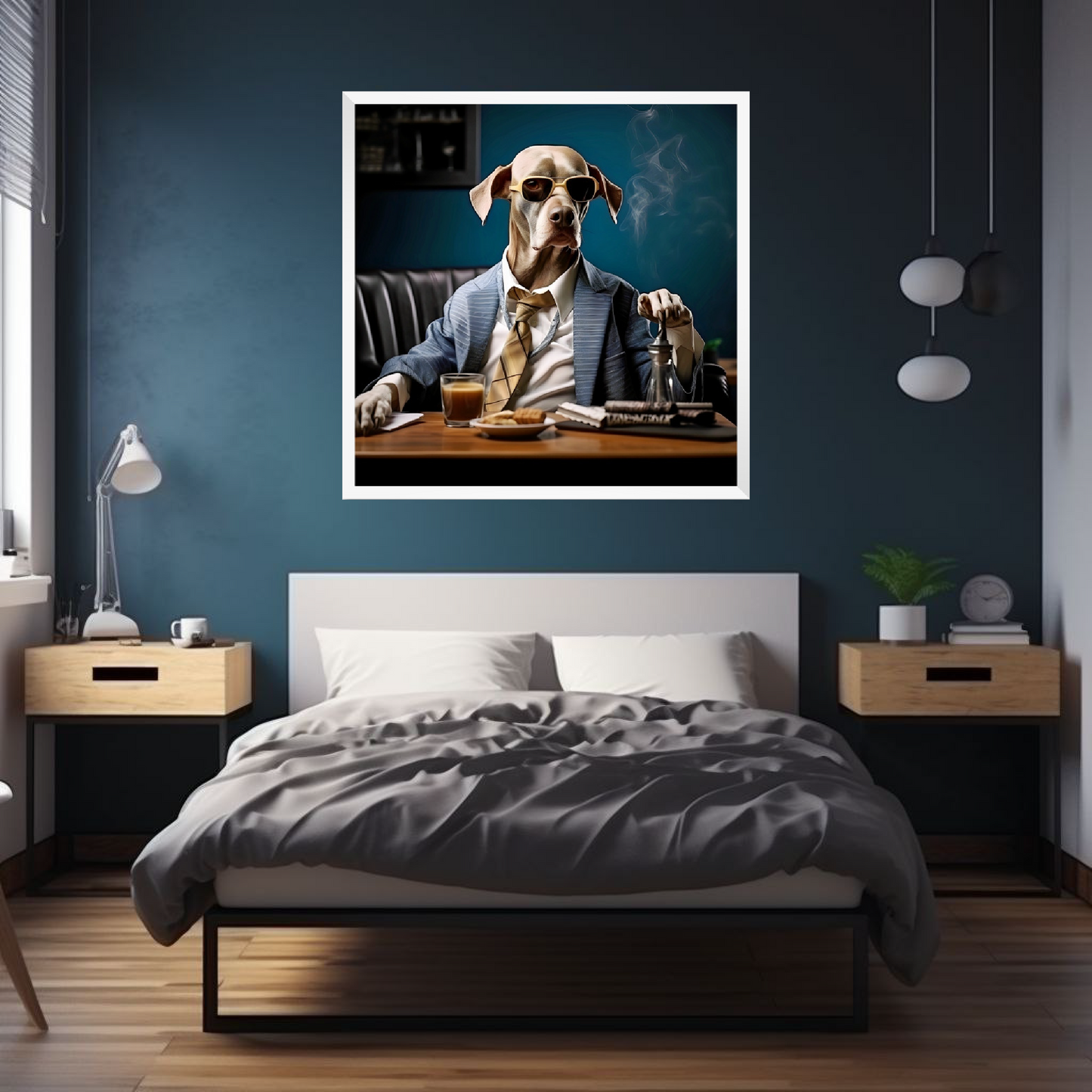 Wall art on the wall with dog poster in bedroom