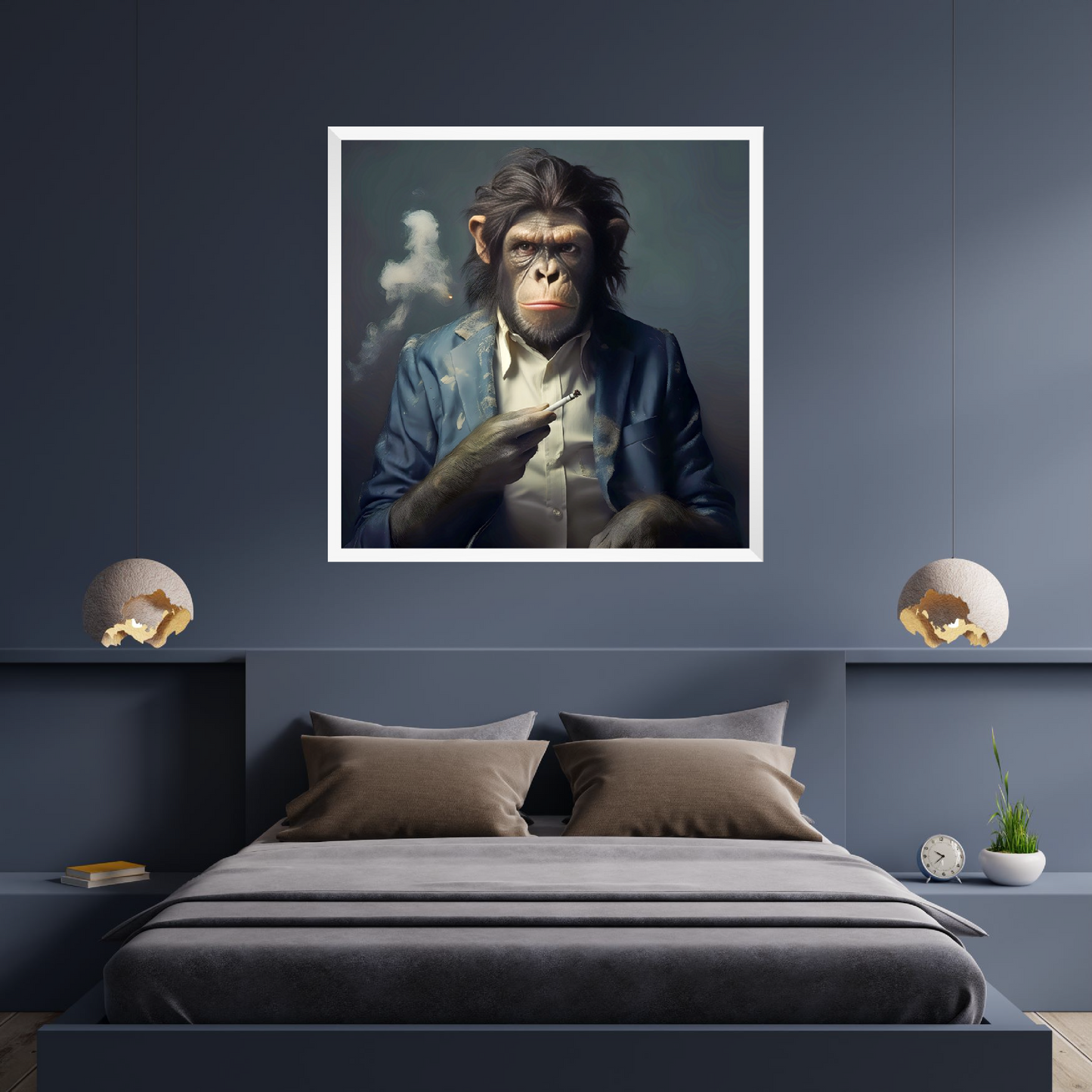 Bed room with dark blue color of wall and hang on wall art of monkey poster