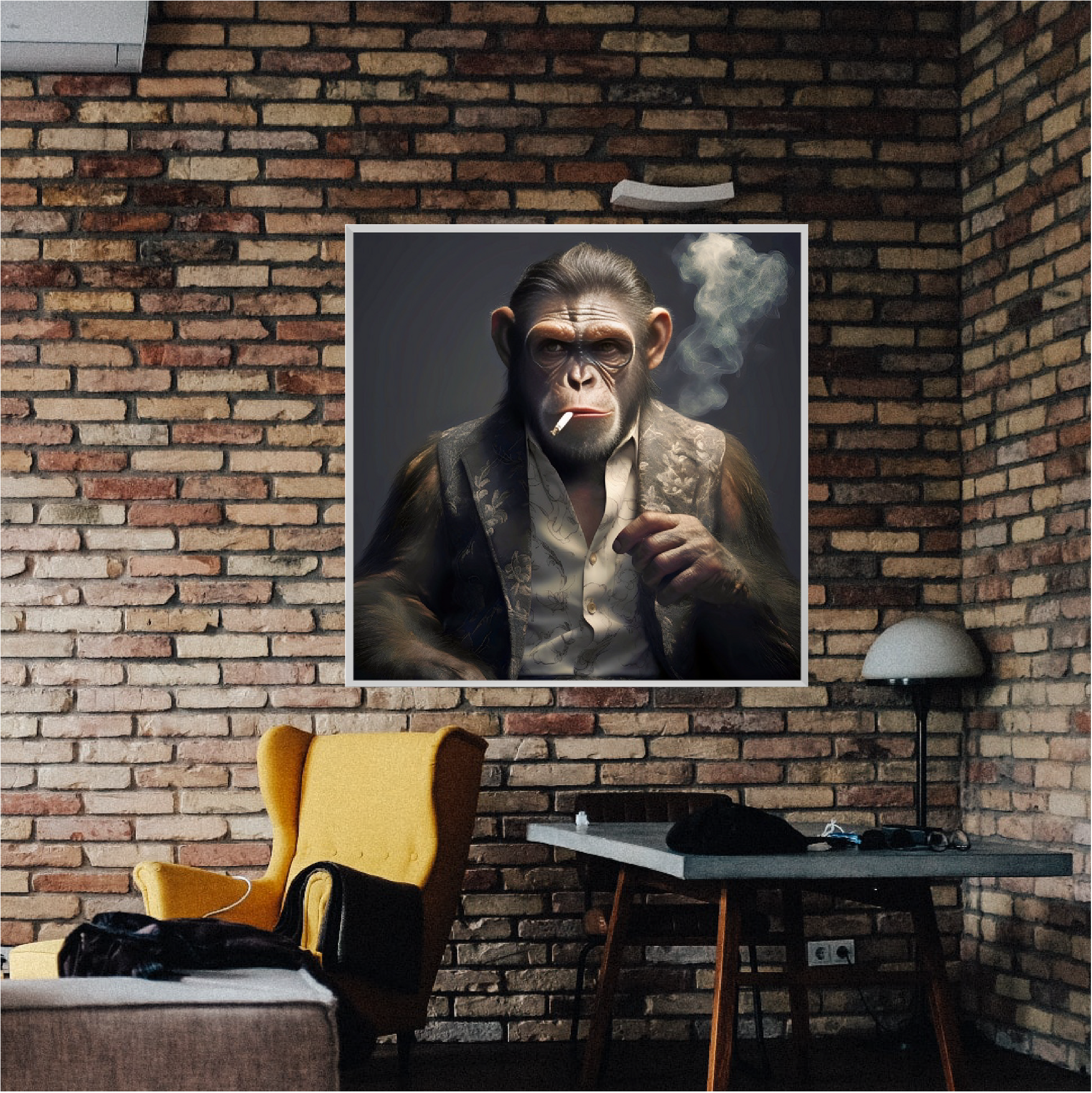 Room brick wall with poster of monkey and yellow chair sofa