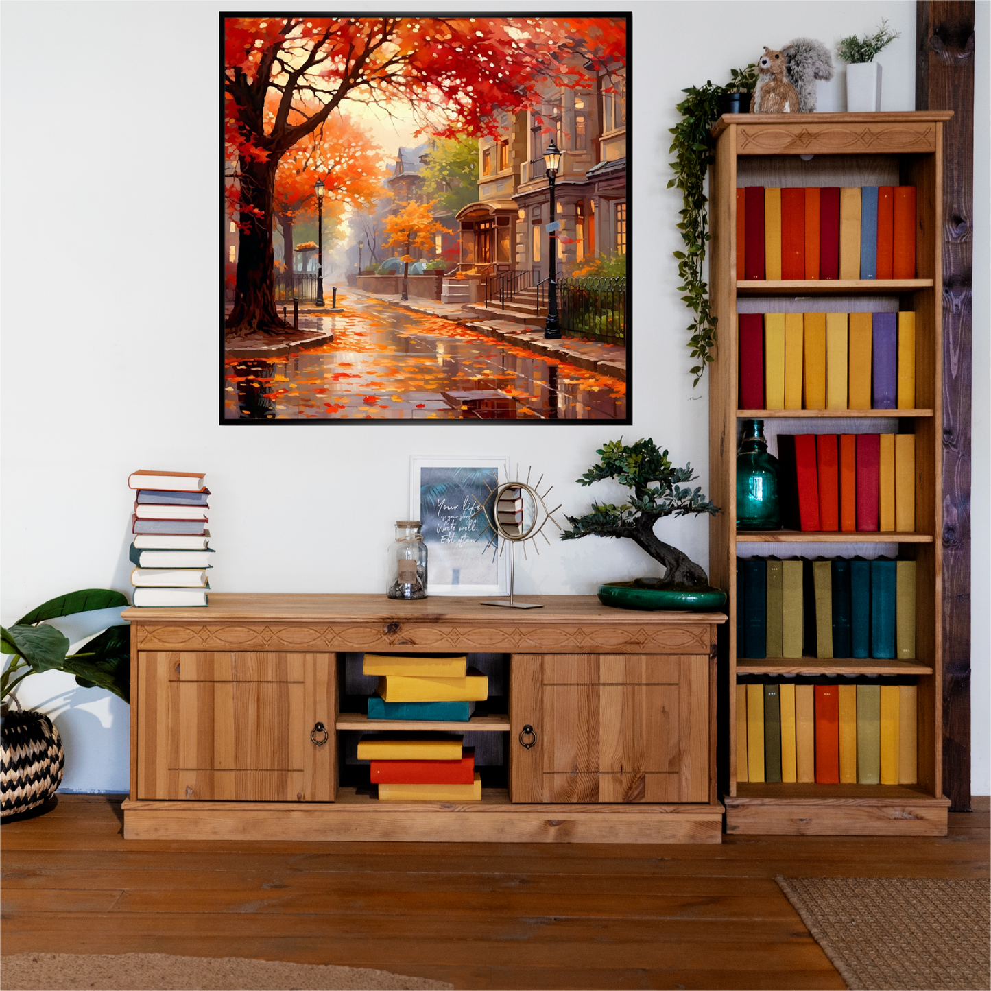 Room library with shelf and wall art