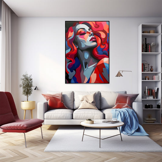 A wall art hang on the wall in living room with red sofa, the poster shows a portrait girl with red effect.