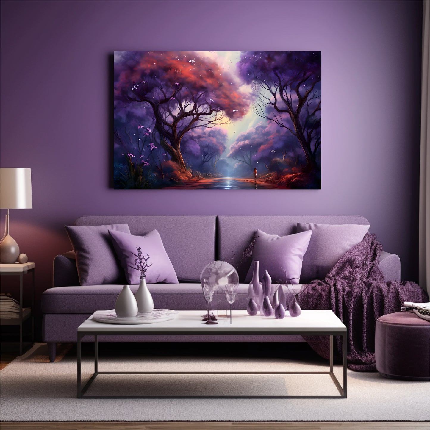 A poster of LOVELY SPRING, Purple Spring Road in living room with purple them of room. 