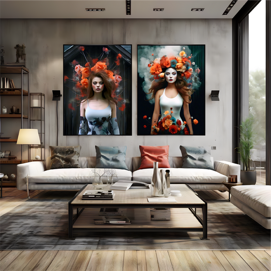 Two wall arts on the wall with black frame with flowers on girls head and black background. Living room has white sofa and window with shelf.