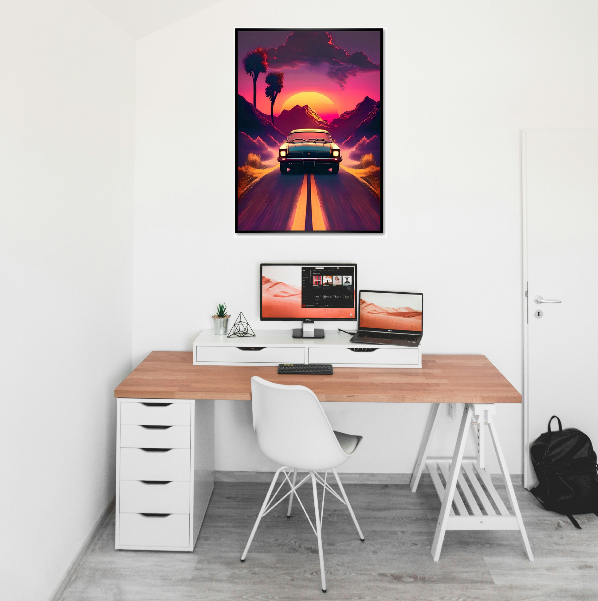 wall art on the white wall in room table PC