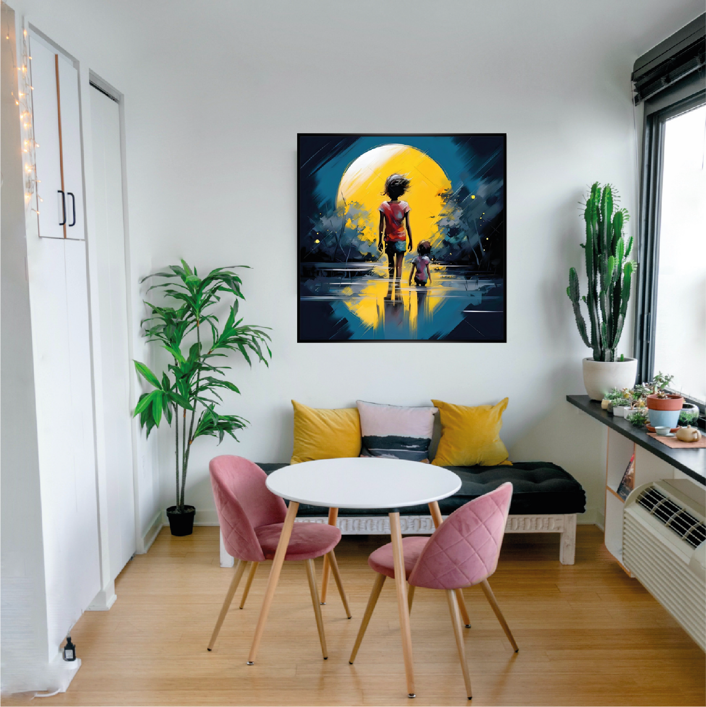 Small room with a pink chair and table with yellow cushions and wall art  with a poster of night theme and yellow moon.