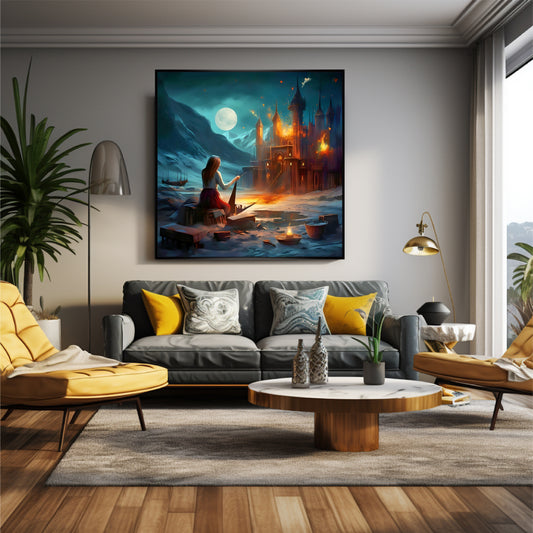 Living room with yellow chair sofa and modern design room. Big square wall art hang on the wall.